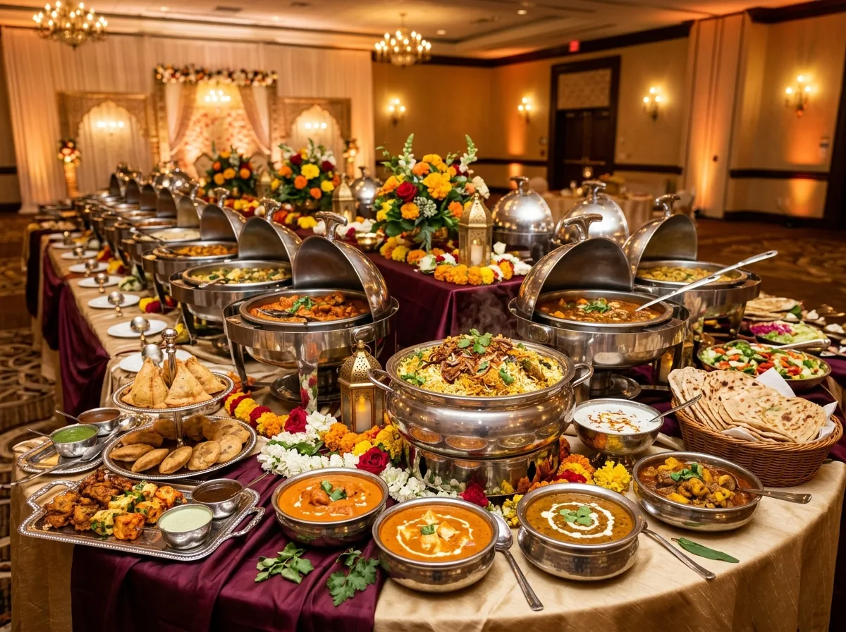 Wedding buffet spread with gold chafing dishes and florals